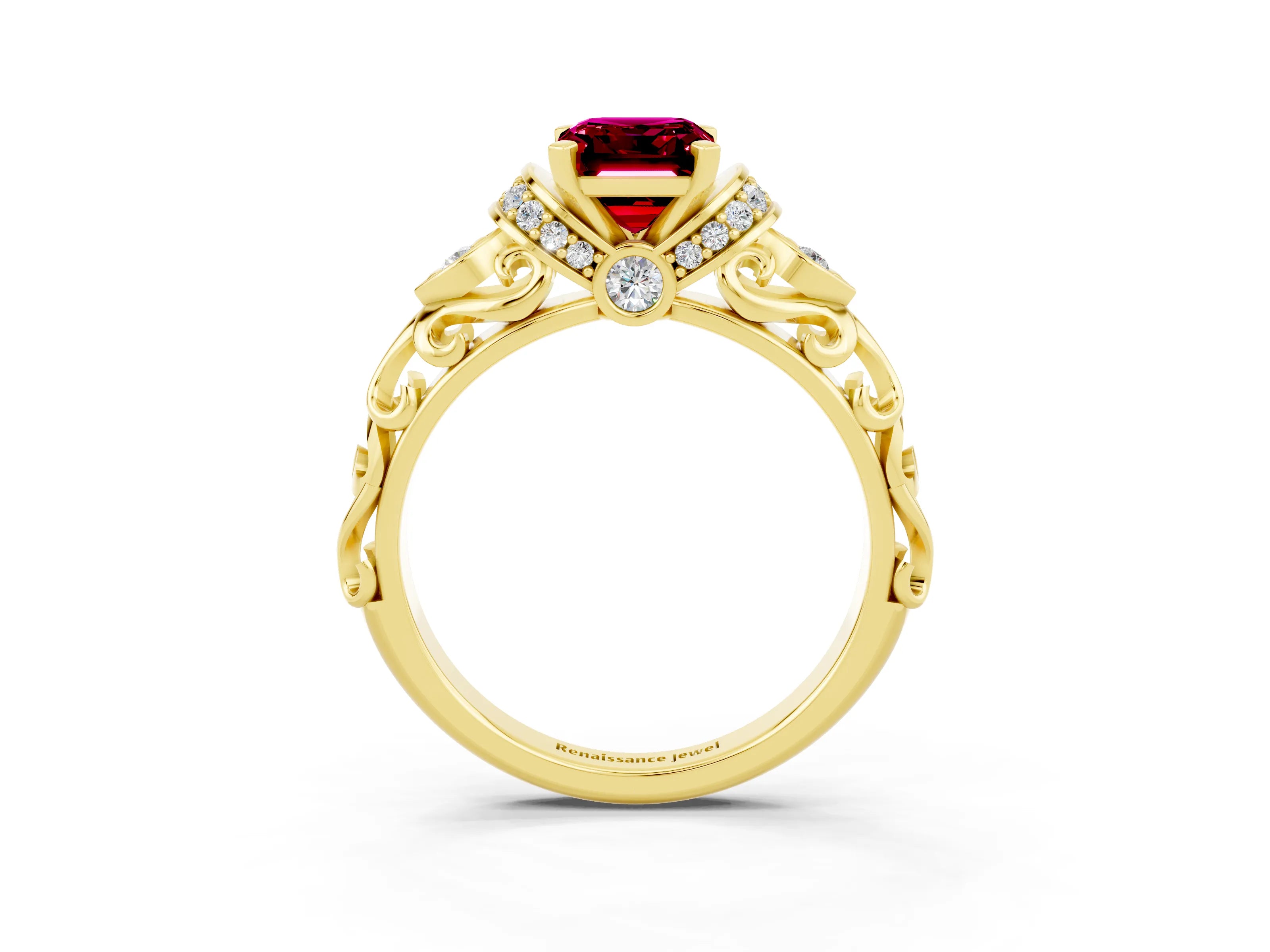 Yellow gold Emerald Cut Garnet Solitaire Ring with Filigree Band and Four-Prong Setting_50