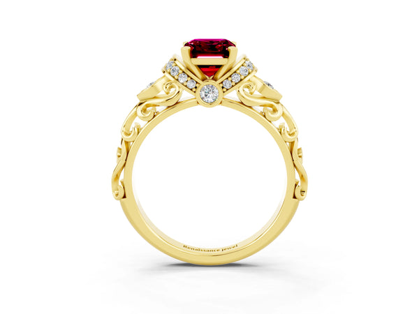 Yellow gold Emerald Cut Garnet Solitaire Ring with Filigree Band and Four-Prong Setting