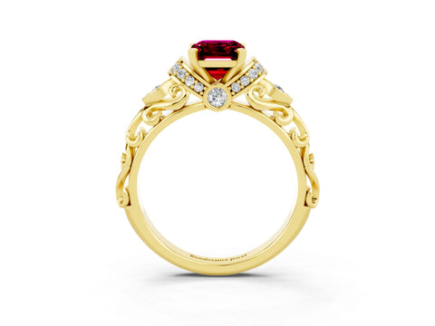 Yellow gold Emerald Cut Garnet Solitaire Ring with Filigree Band and Four-Prong Setting_50