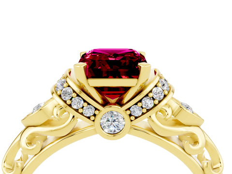 Yellow gold Emerald Cut Garnet Solitaire Ring with Filigree Band and Four-Prong Setting_51