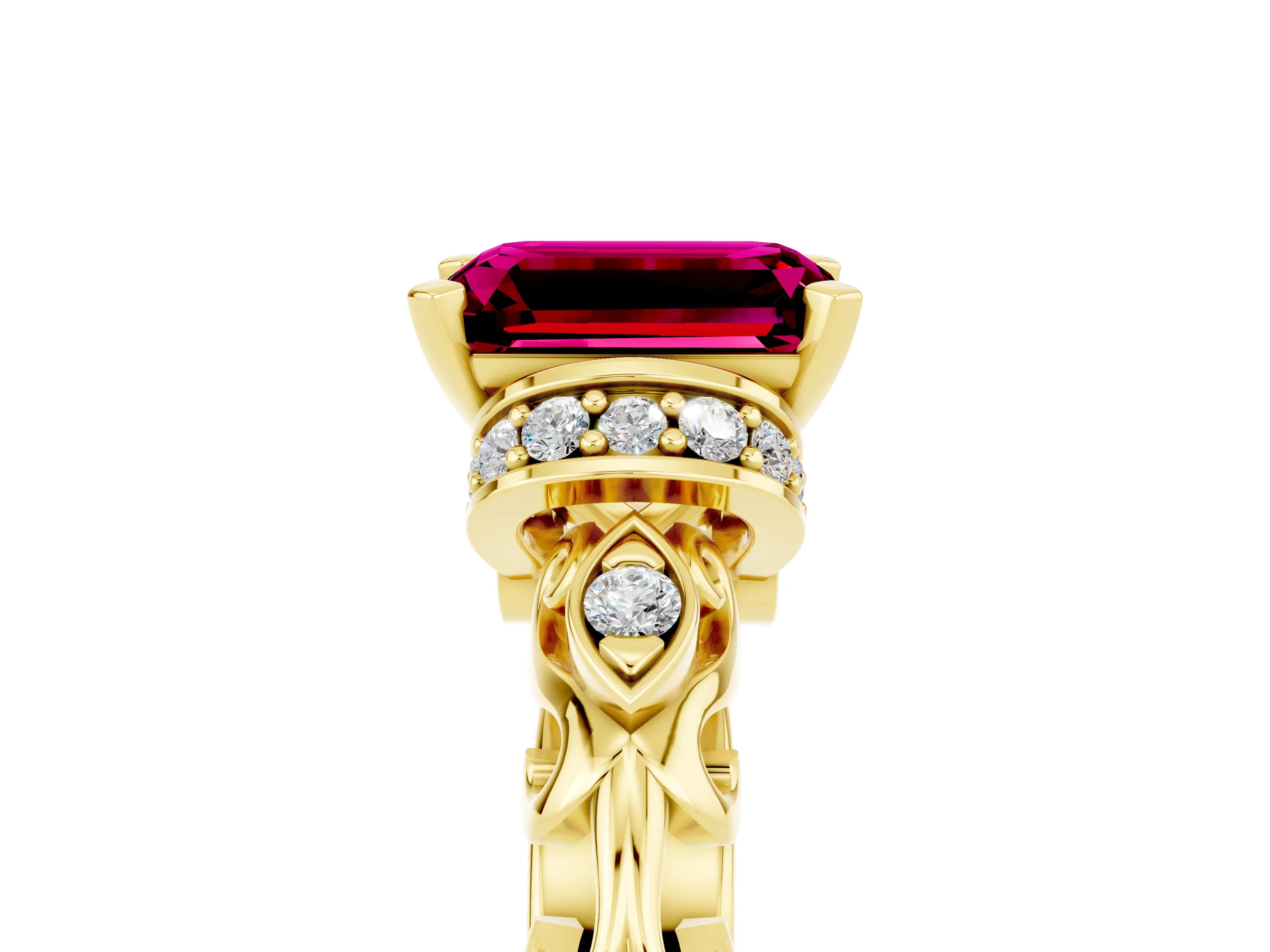 Yellow gold Emerald Cut Garnet Solitaire Ring with Filigree Band and Four-Prong Setting_52