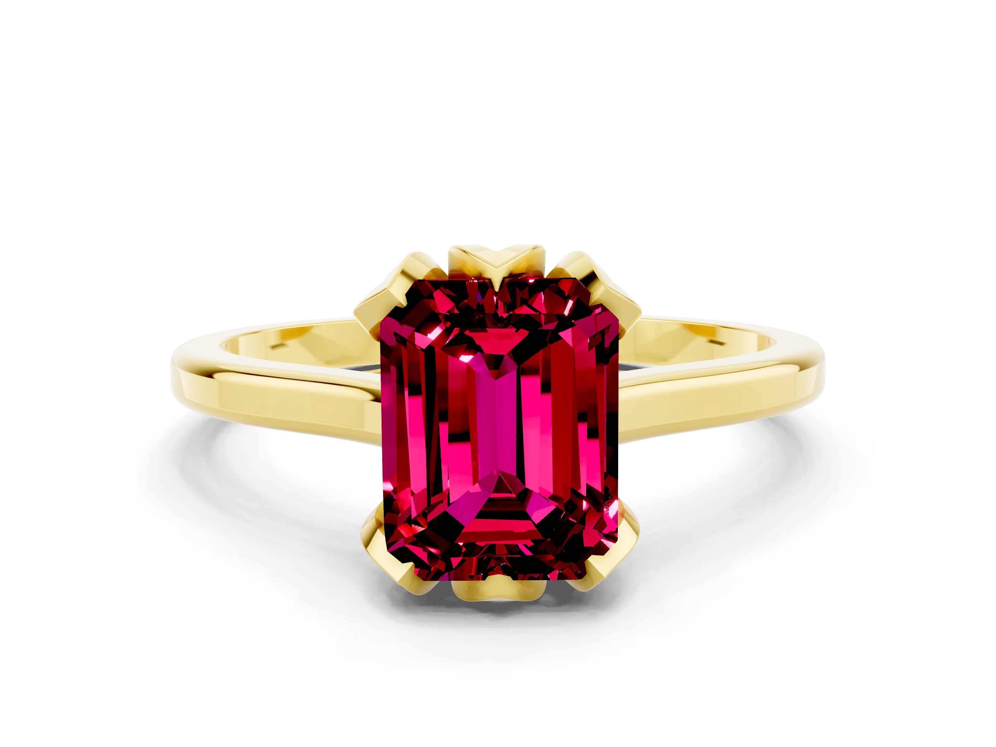 Yellow gold Emerald Cut Garnet Solitaire Ring with Flower Prong Setting and Classic Band_12