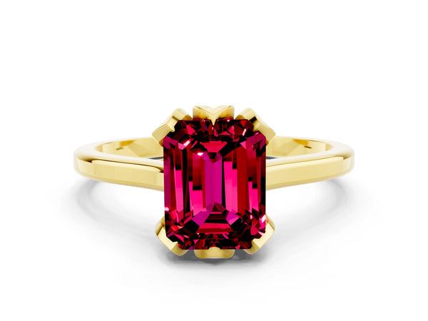 Yellow gold Emerald Cut Garnet Solitaire Ring with Flower Prong Setting and Classic Band