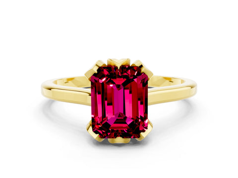 Yellow gold Emerald Cut Garnet Solitaire Ring with Flower Prong Setting and Classic Band_12