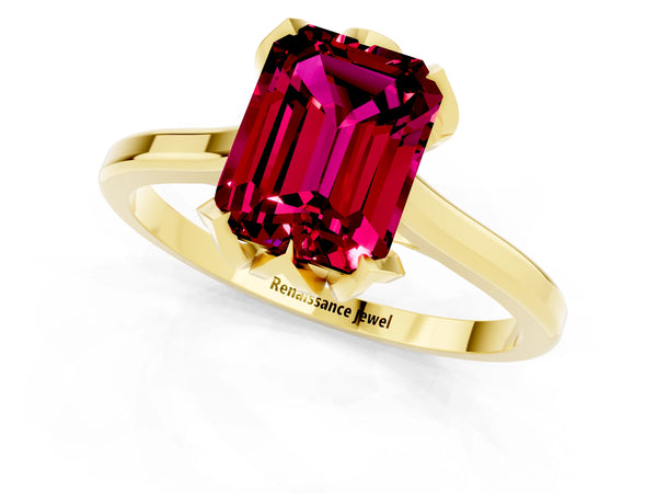Yellow gold Emerald Cut Garnet Solitaire Ring with Flower Prong Setting and Classic Band