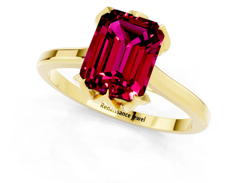 Yellow gold Emerald Cut Garnet Solitaire Ring with Flower Prong Setting and Classic Band_13