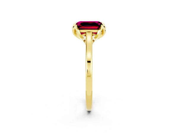 Yellow gold Emerald Cut Garnet Solitaire Ring with Flower Prong Setting and Classic Band