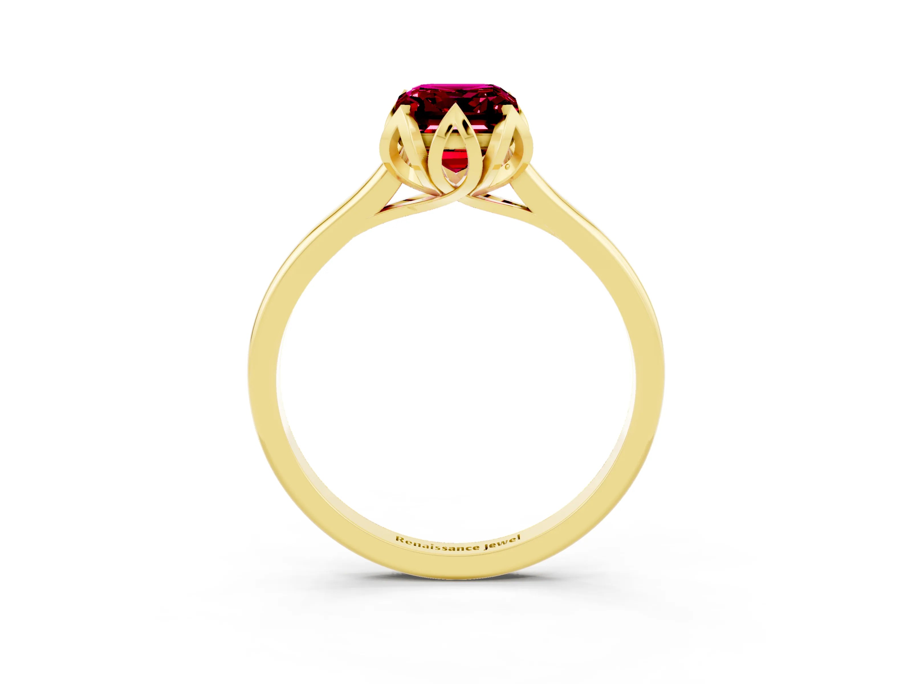 Yellow gold Emerald Cut Garnet Solitaire Ring with Flower Prong Setting and Classic Band_15