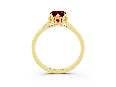Yellow gold Emerald Cut Garnet Solitaire Ring with Flower Prong Setting and Classic Band_15