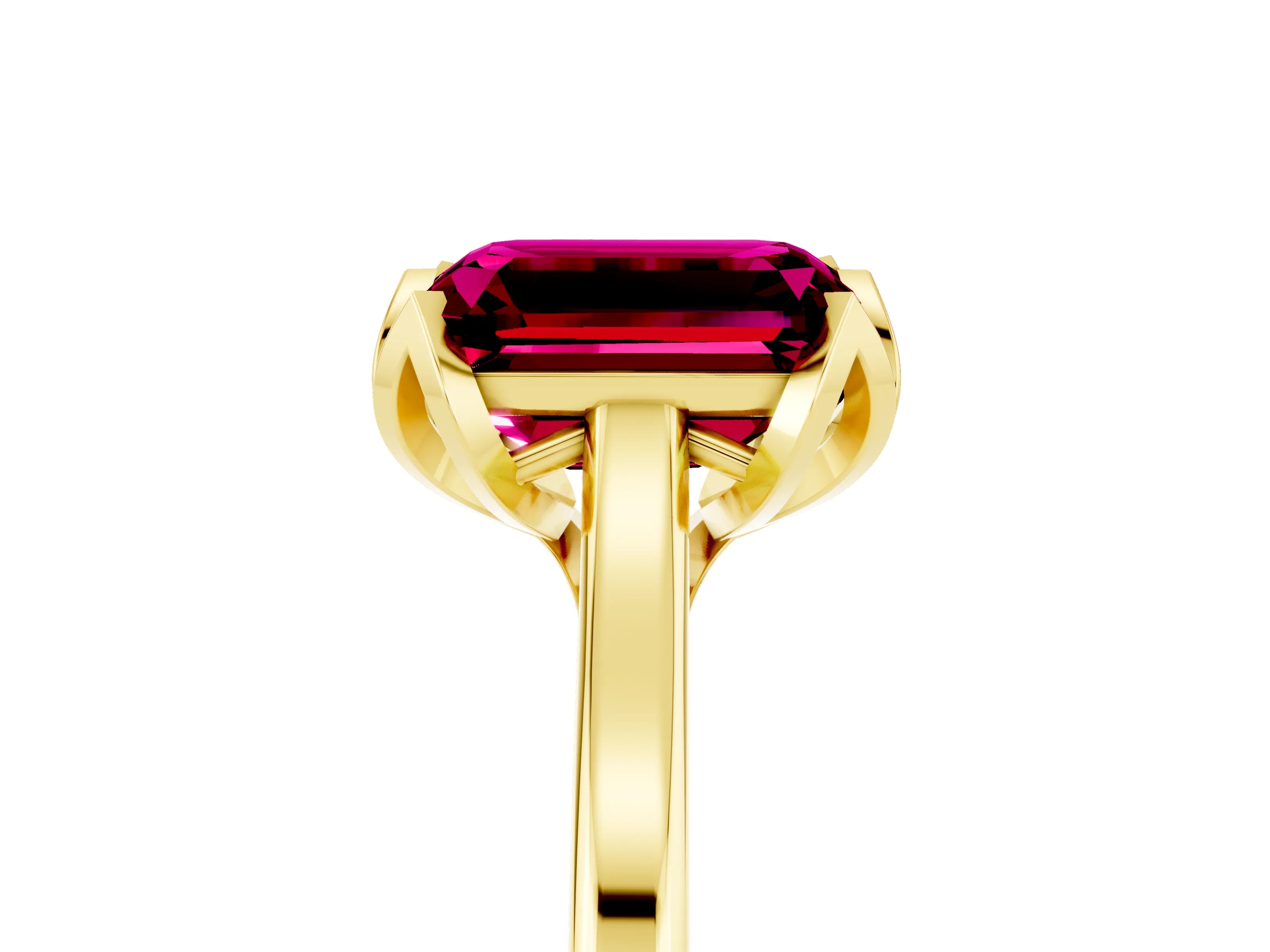 Yellow gold Emerald Cut Garnet Solitaire Ring with Flower Prong Setting and Classic Band_17