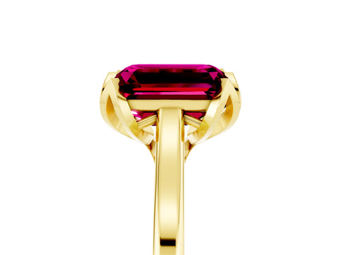 Yellow gold Emerald Cut Garnet Solitaire Ring with Flower Prong Setting and Classic Band_17