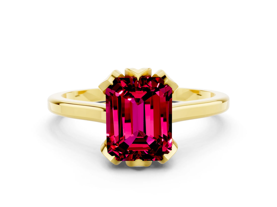 Yellow gold Emerald Cut Garnet Solitaire Ring with Flower Prong Setting and Classic Band_37