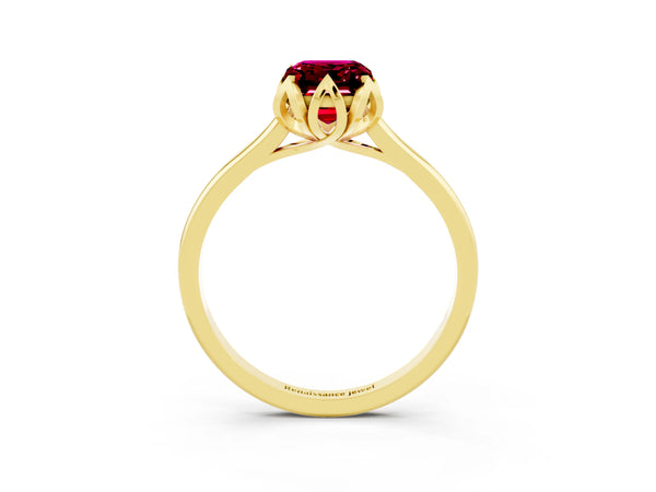 Yellow Gold Emerald Cut Garnet Floral Solitaire Engagement Ring with Plain Band