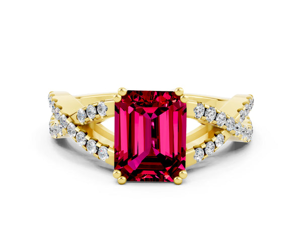 Yellow gold Emerald Cut Garnet Solitaire Ring with Four-Prong Setting and Twisted Pavé Band