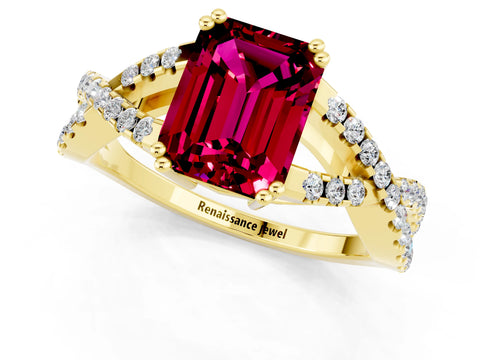 Yellow gold Emerald Cut Garnet Solitaire Ring with Four-Prong Setting and Twisted Pavé Band_1