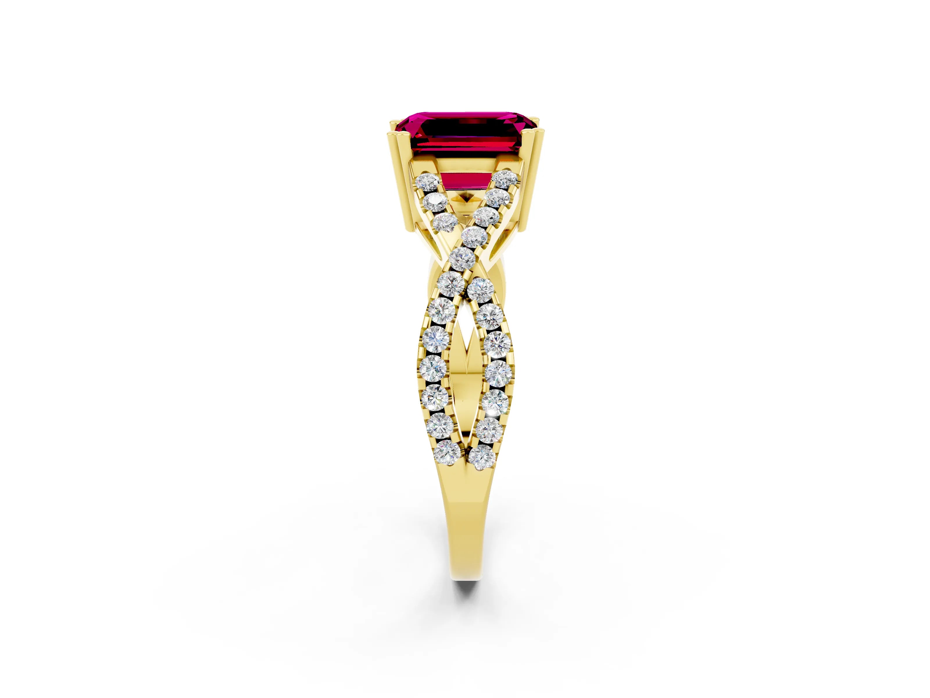 Yellow gold Emerald Cut Garnet Solitaire Ring with Four-Prong Setting and Twisted Pavé Band_2