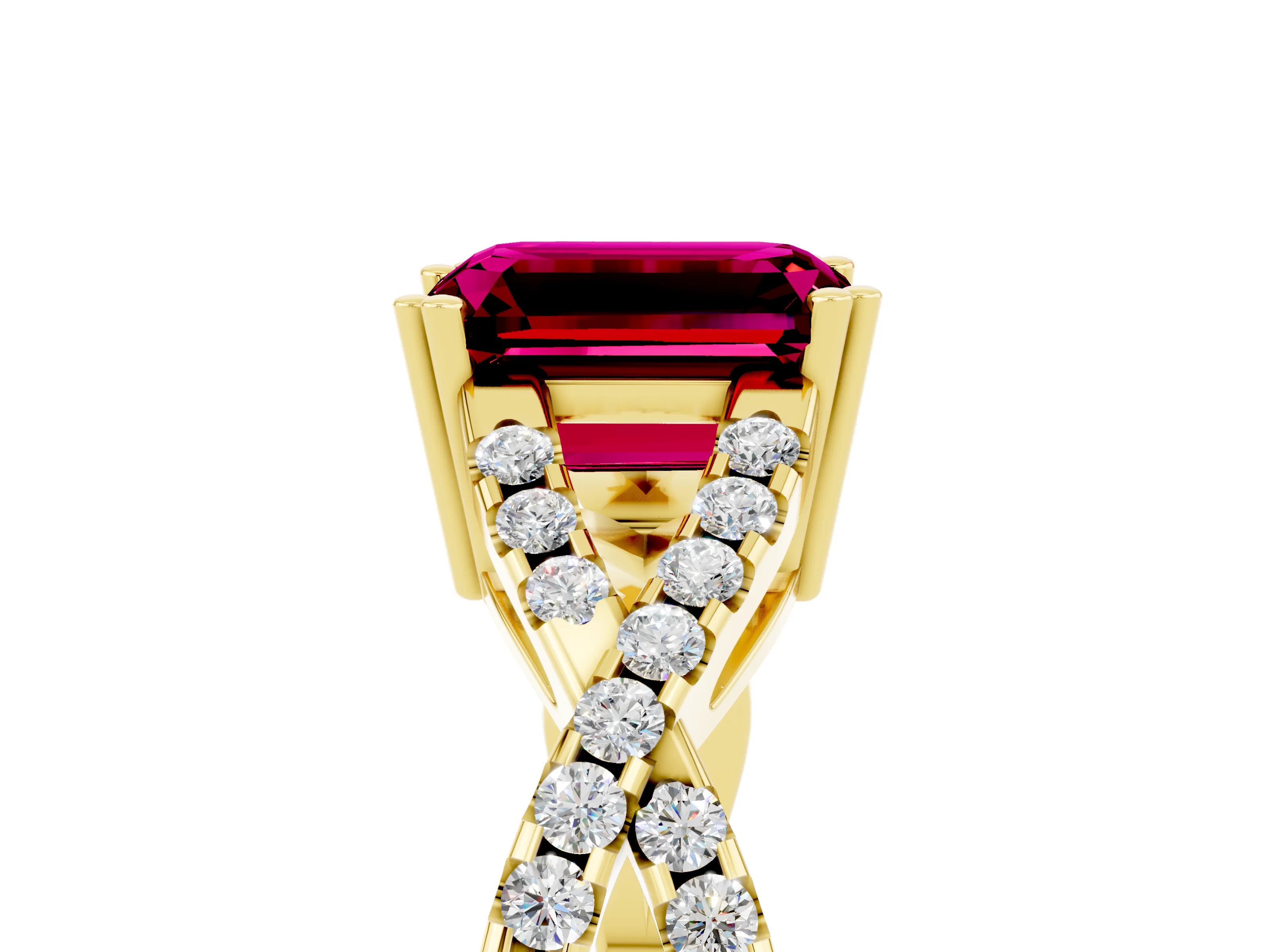 Yellow gold Emerald Cut Garnet Solitaire Ring with Four-Prong Setting and Twisted Pavé Band_5
