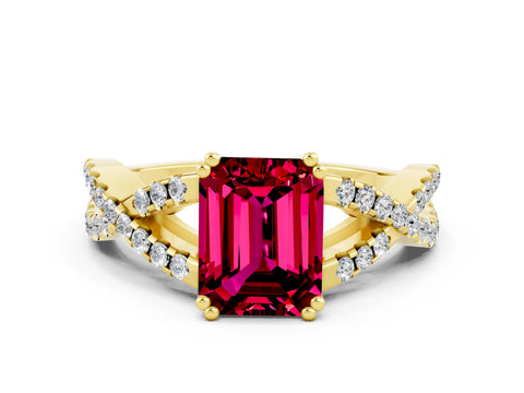 Yellow gold Emerald Cut Garnet Solitaire Ring with Four-Prong Setting and Twisted Pavé Band