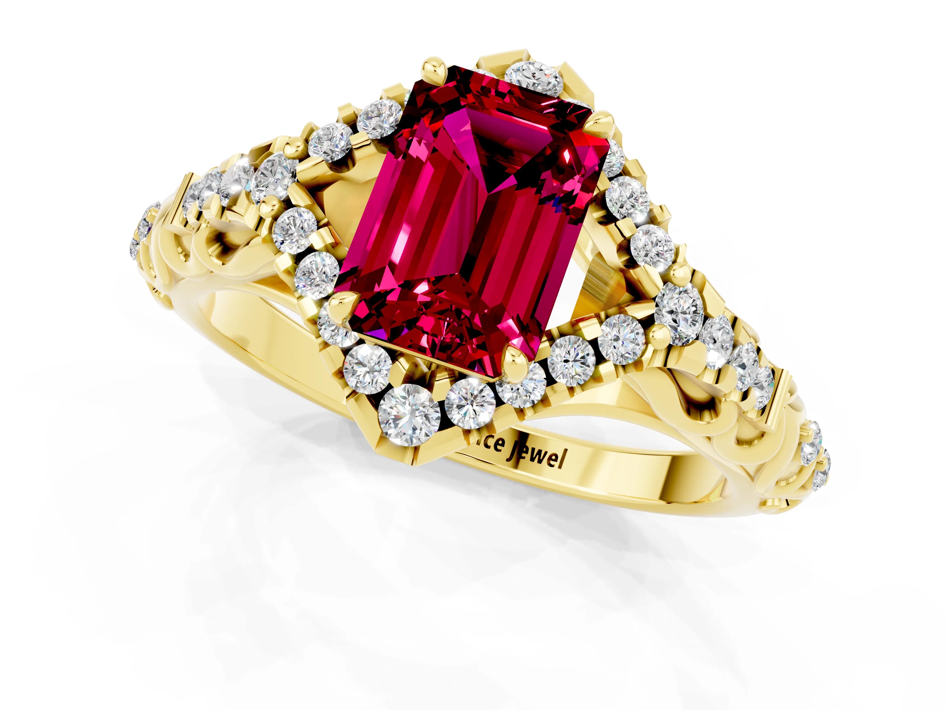 Yellow gold Emerald Cut Garnet Solitaire Ring with Hidden Halo and Pavé Band_13