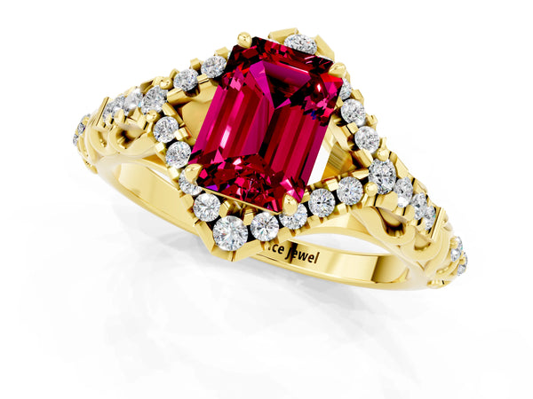 Yellow gold Emerald Cut Garnet Solitaire Ring with Hidden Halo and Pavé Band
