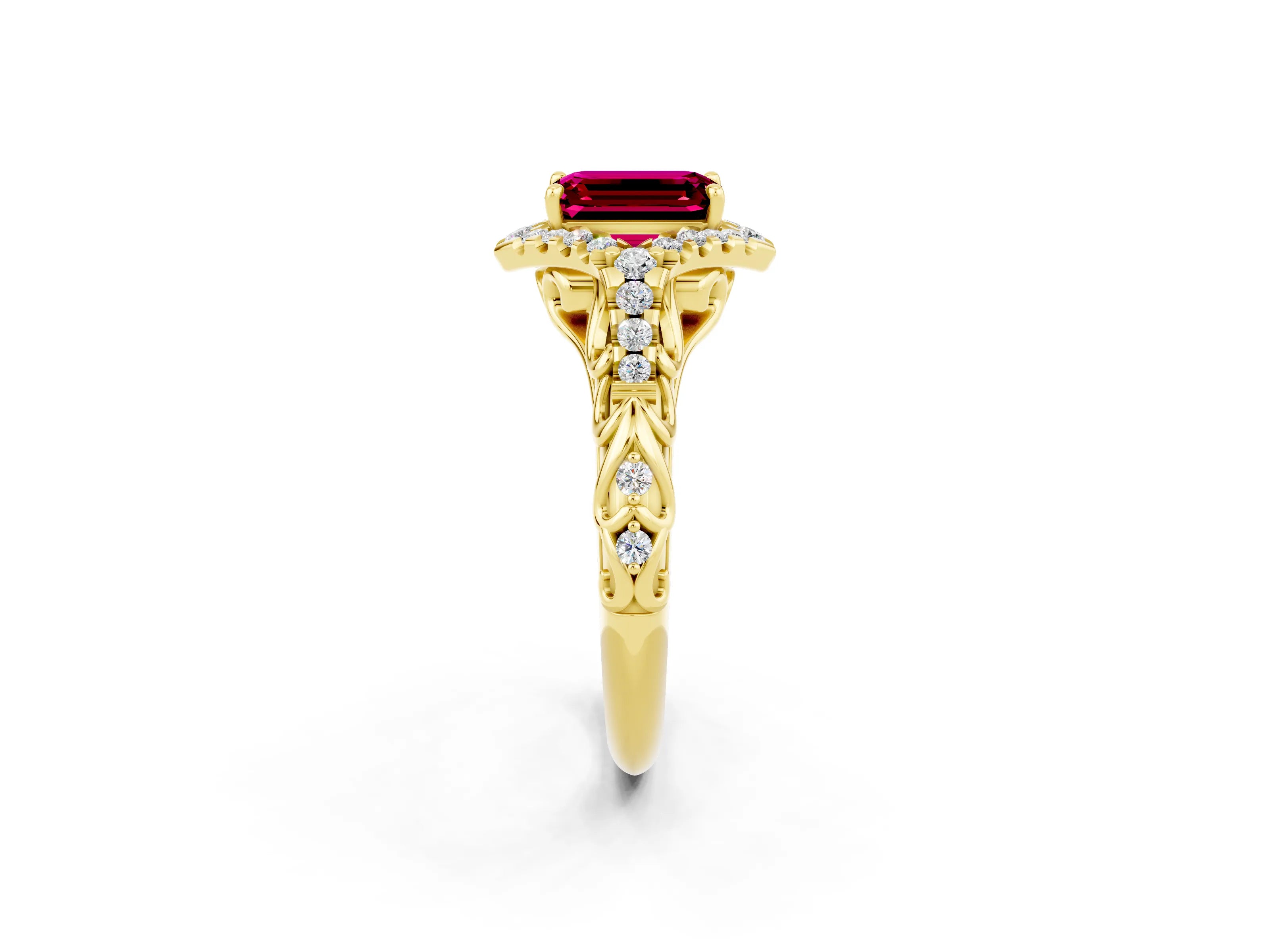 Yellow gold Emerald Cut Garnet Solitaire Ring with Hidden Halo and Pavé Band_14