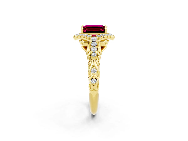 Yellow gold Emerald Cut Garnet Solitaire Ring with Hidden Halo and Pavé Band