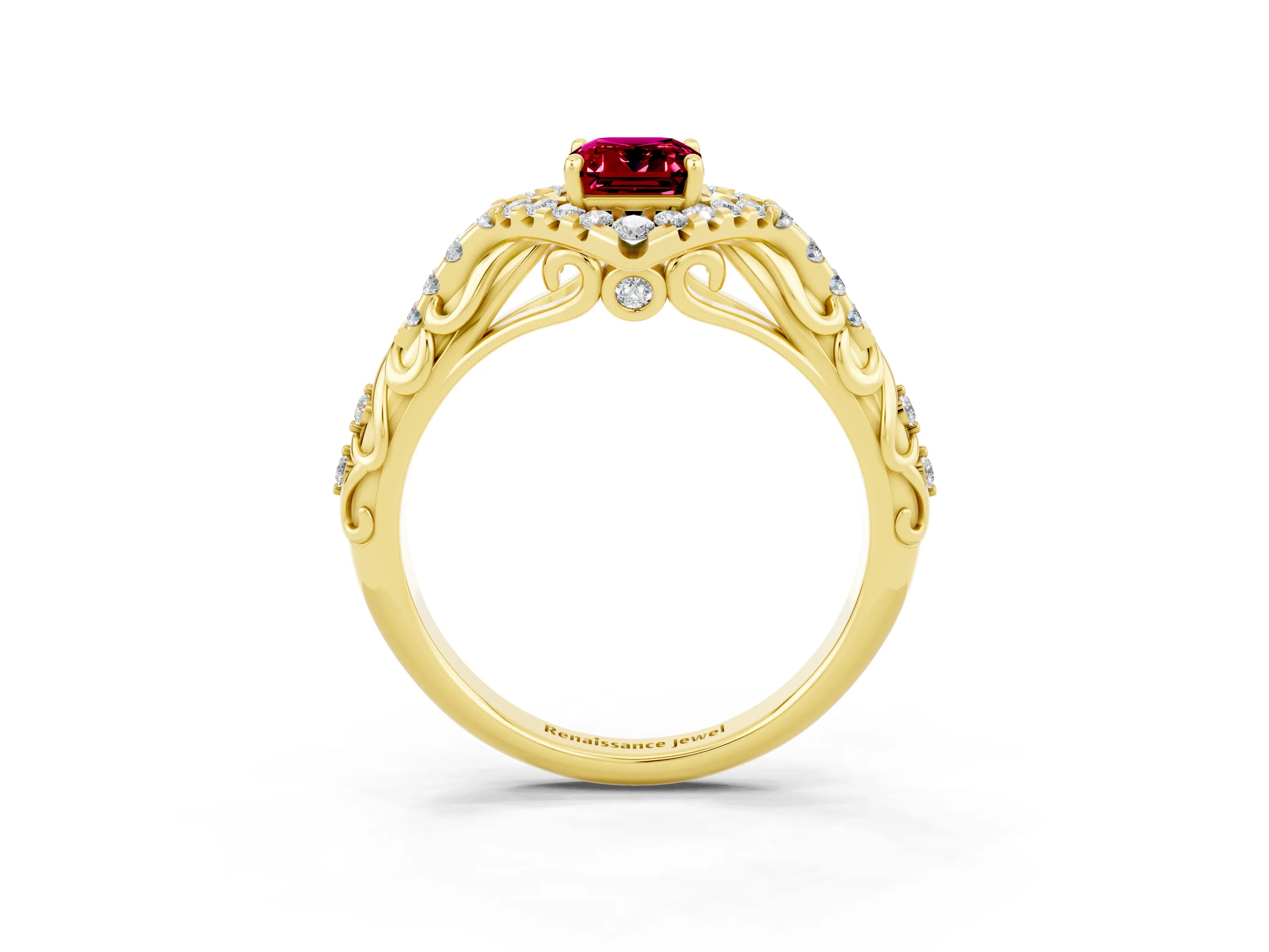 Yellow gold Emerald Cut Garnet Solitaire Ring with Hidden Halo and Pavé Band_15