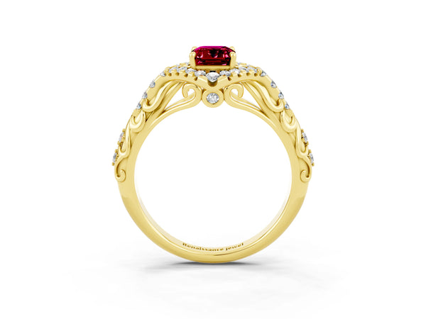 Yellow gold Emerald Cut Garnet Solitaire Ring with Hidden Halo and Pavé Band