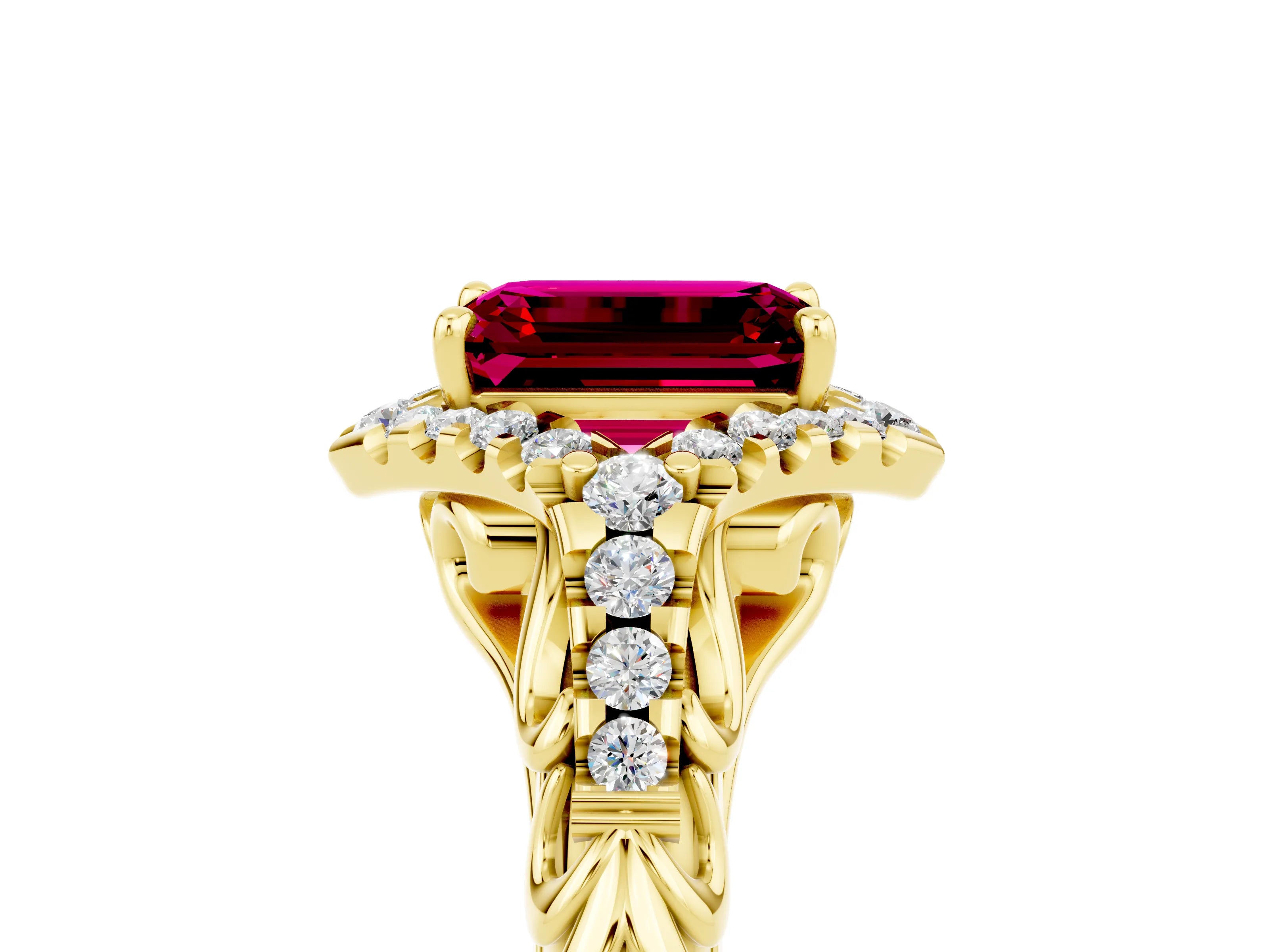 Yellow gold Emerald Cut Garnet Solitaire Ring with Hidden Halo and Pavé Band_17
