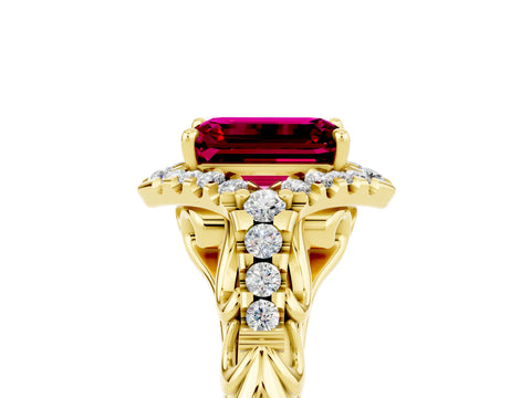 Yellow gold Emerald Cut Garnet Solitaire Ring with Hidden Halo and Pavé Band_17