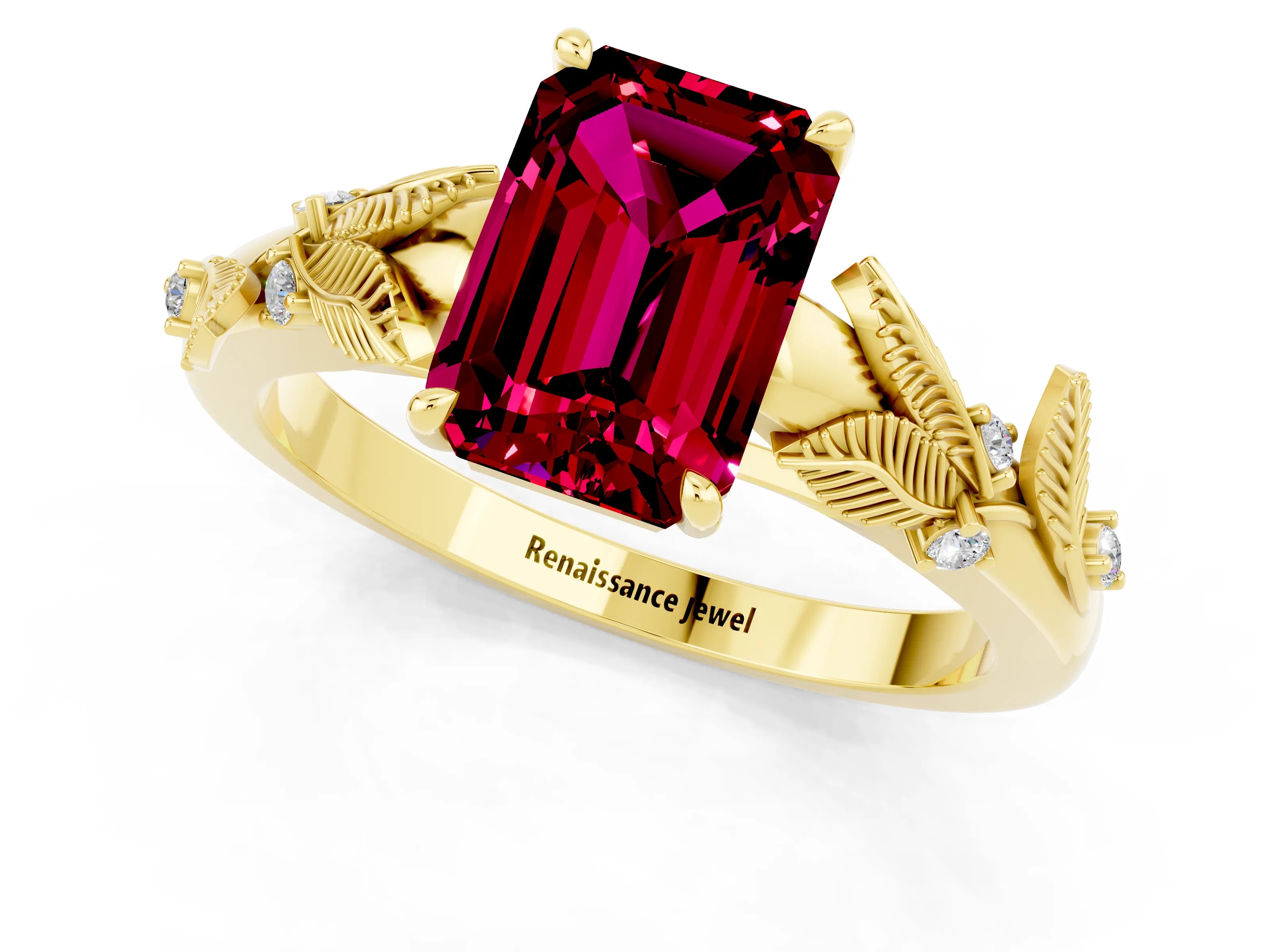 Yellow gold Emerald Cut Garnet Solitaire Ring with Leaf Motif Band and Four-Prong Setting_1
