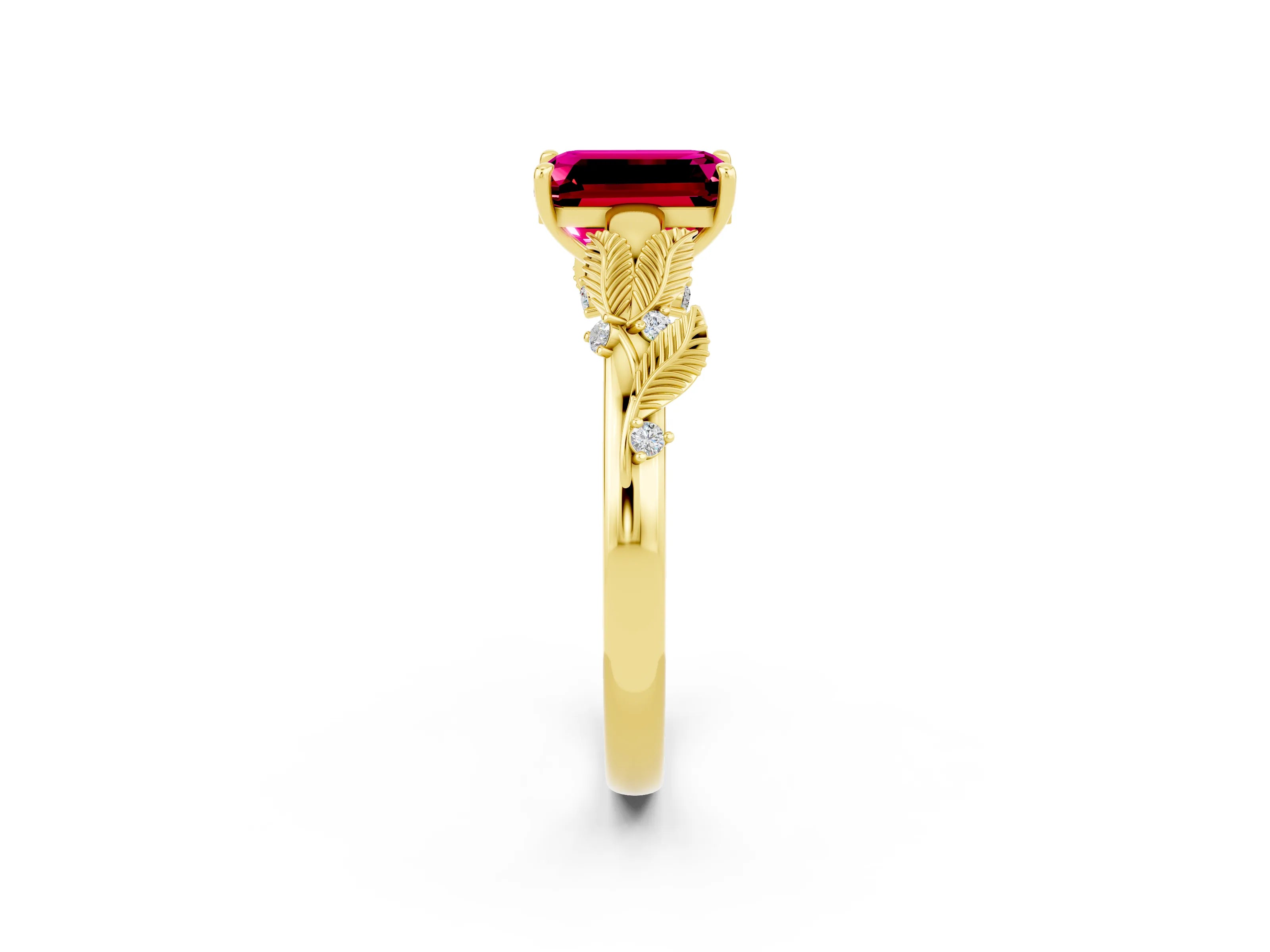 Yellow gold Emerald Cut Garnet Solitaire Ring with Leaf Motif Band and Four-Prong Setting_2