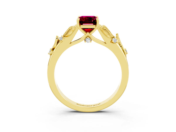 Yellow gold Emerald Cut Garnet Solitaire Ring with Leaf Motif Band and Four-Prong Setting
