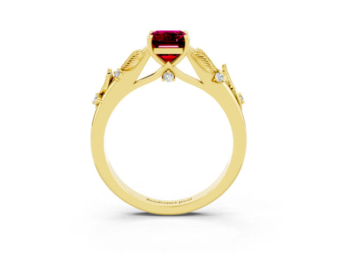 Yellow gold Emerald Cut Garnet Solitaire Ring with Leaf Motif Band and Four-Prong Setting_3