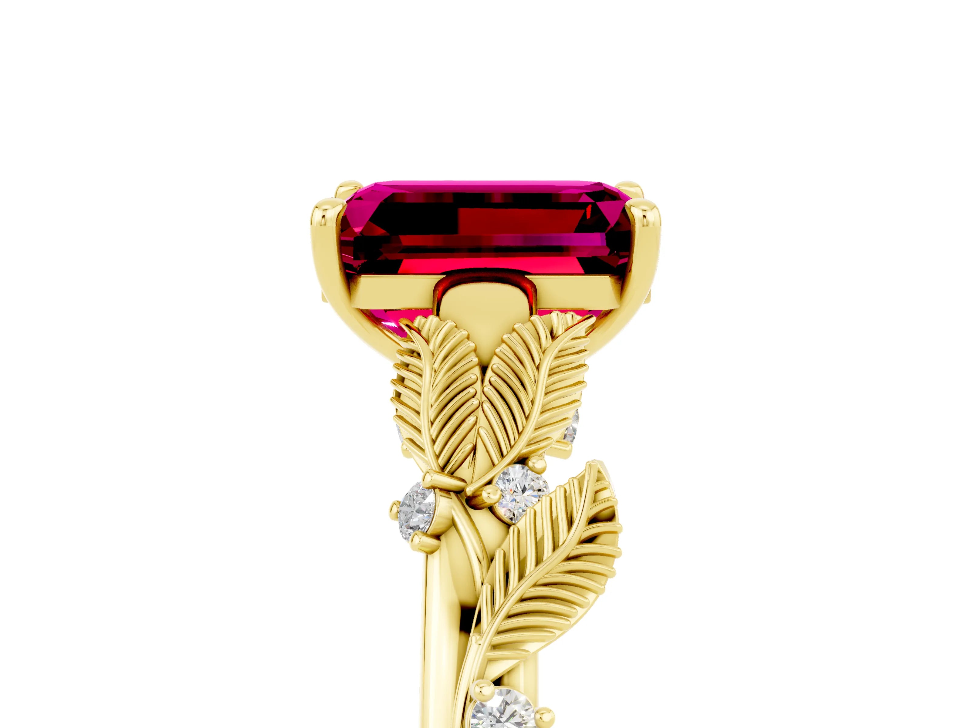 Yellow gold Emerald Cut Garnet Solitaire Ring with Leaf Motif Band and Four-Prong Setting_5