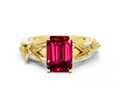 Yellow gold Emerald Cut Garnet Solitaire Ring with Leaf Motif Band and Four-Prong Setting