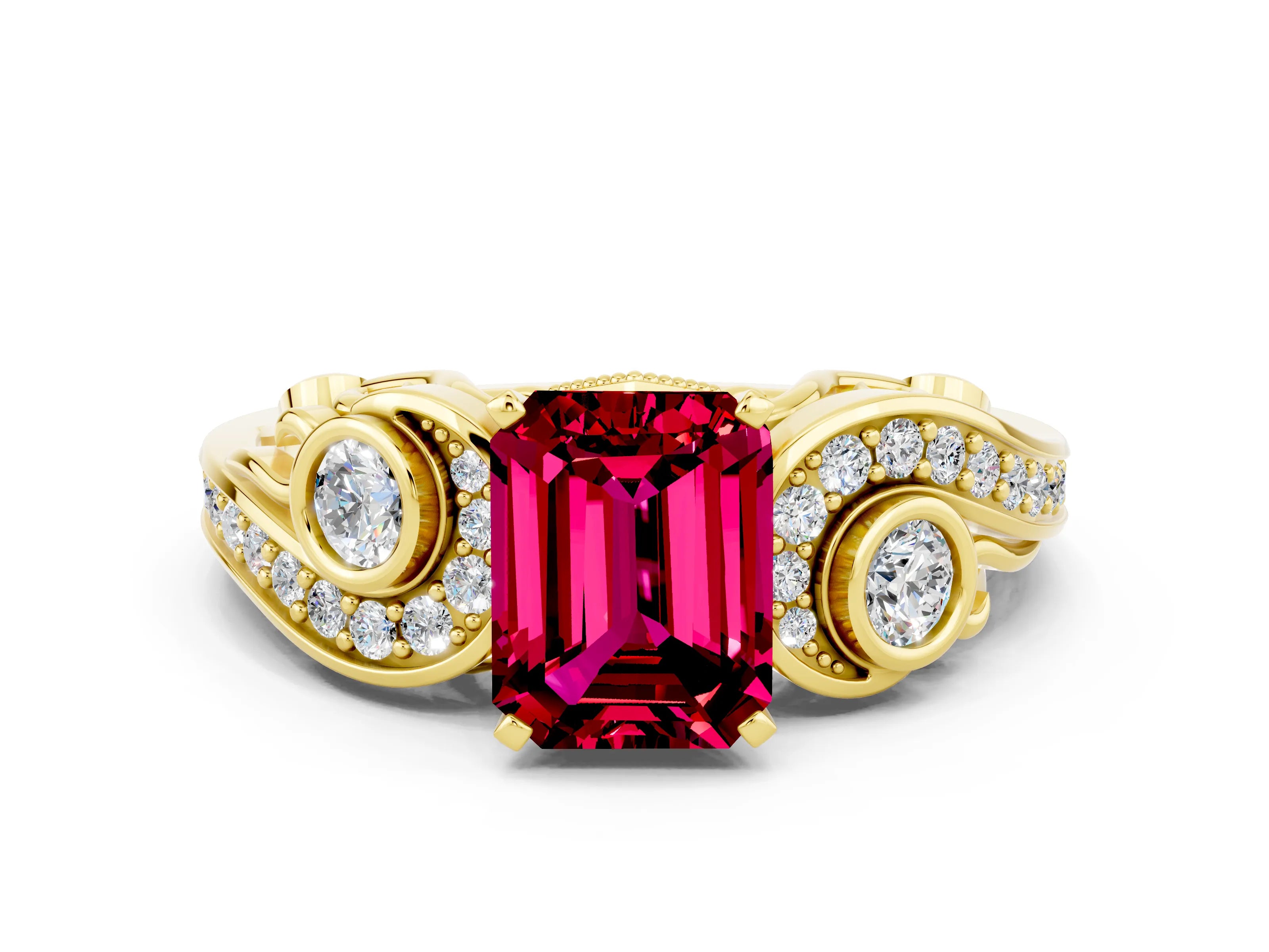 Yellow gold Emerald Cut Garnet Solitaire Ring with Milgrain Pavé Band and Four-Prong Setting_24
