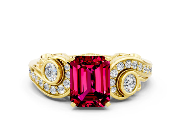 Yellow gold Emerald Cut Garnet Solitaire Ring with Milgrain Pavé Band and Four-Prong Setting
