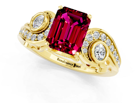 Yellow gold Emerald Cut Garnet Solitaire Ring with Milgrain Pavé Band and Four-Prong Setting_25