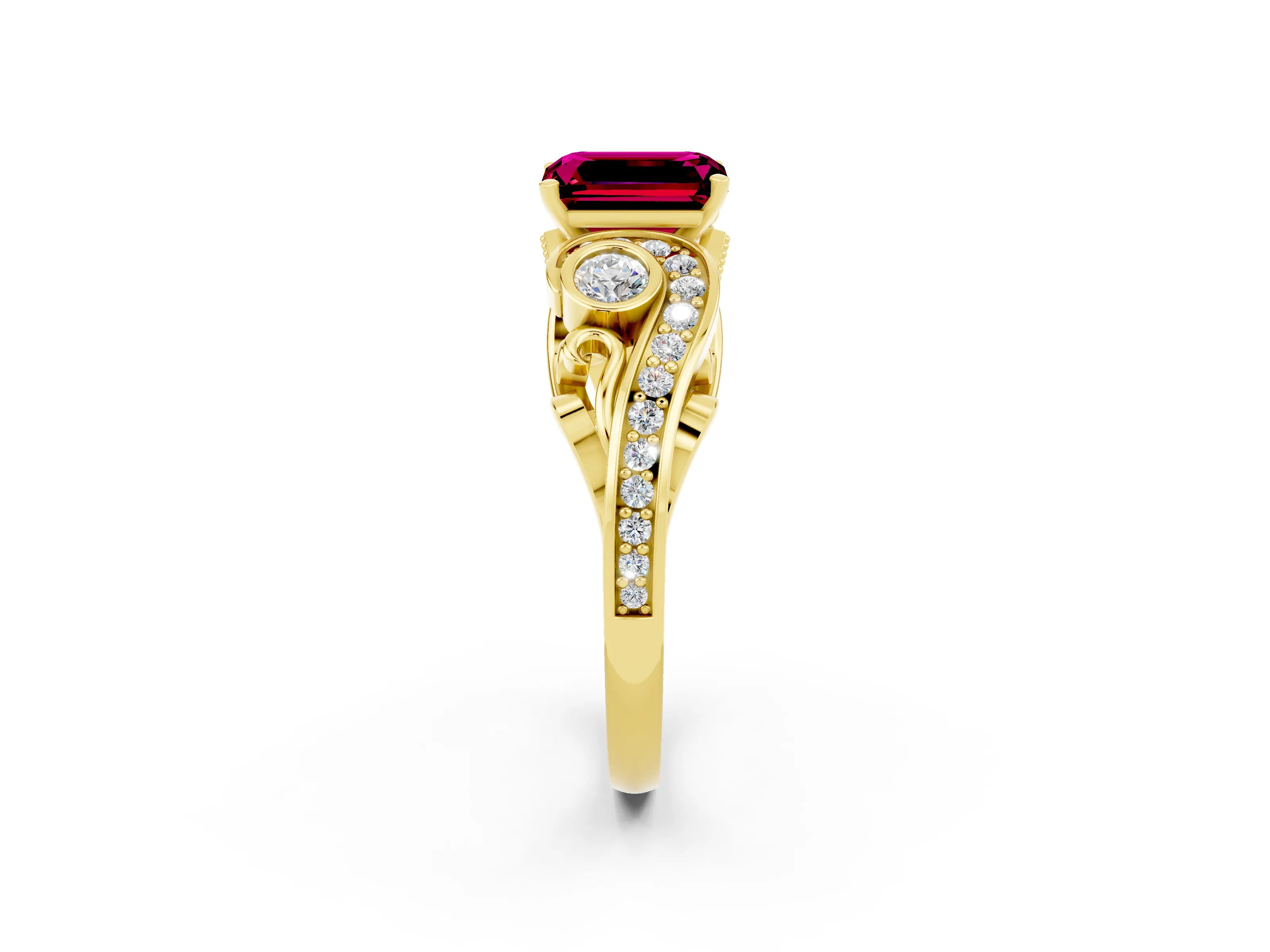 Yellow gold Emerald Cut Garnet Solitaire Ring with Milgrain Pavé Band and Four-Prong Setting_26