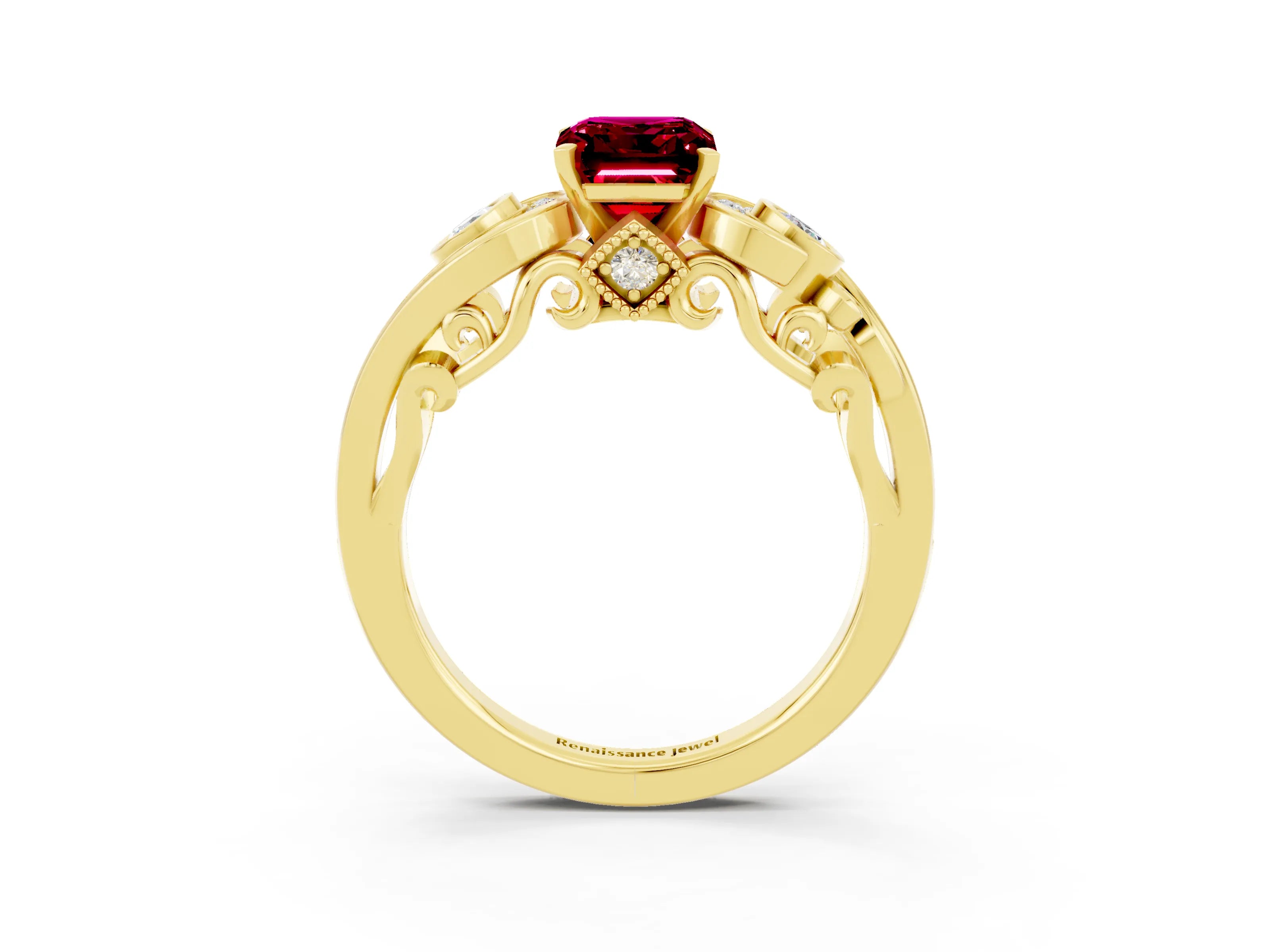 Yellow gold Emerald Cut Garnet Solitaire Ring with Milgrain Pavé Band and Four-Prong Setting_27