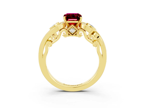 Yellow gold Emerald Cut Garnet Solitaire Ring with Milgrain Pavé Band and Four-Prong Setting