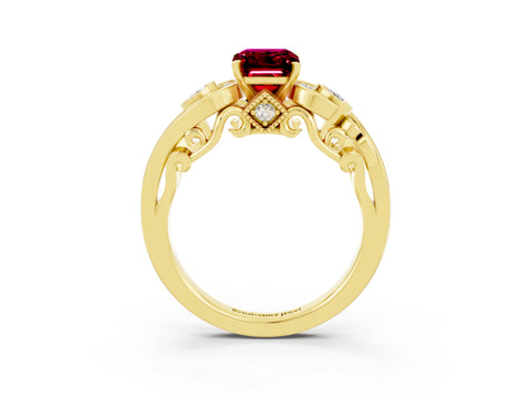 Yellow gold Emerald Cut Garnet Solitaire Ring with Milgrain Pavé Band and Four-Prong Setting_27