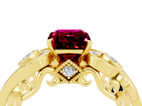 Yellow gold Emerald Cut Garnet Solitaire Ring with Milgrain Pavé Band and Four-Prong Setting_28