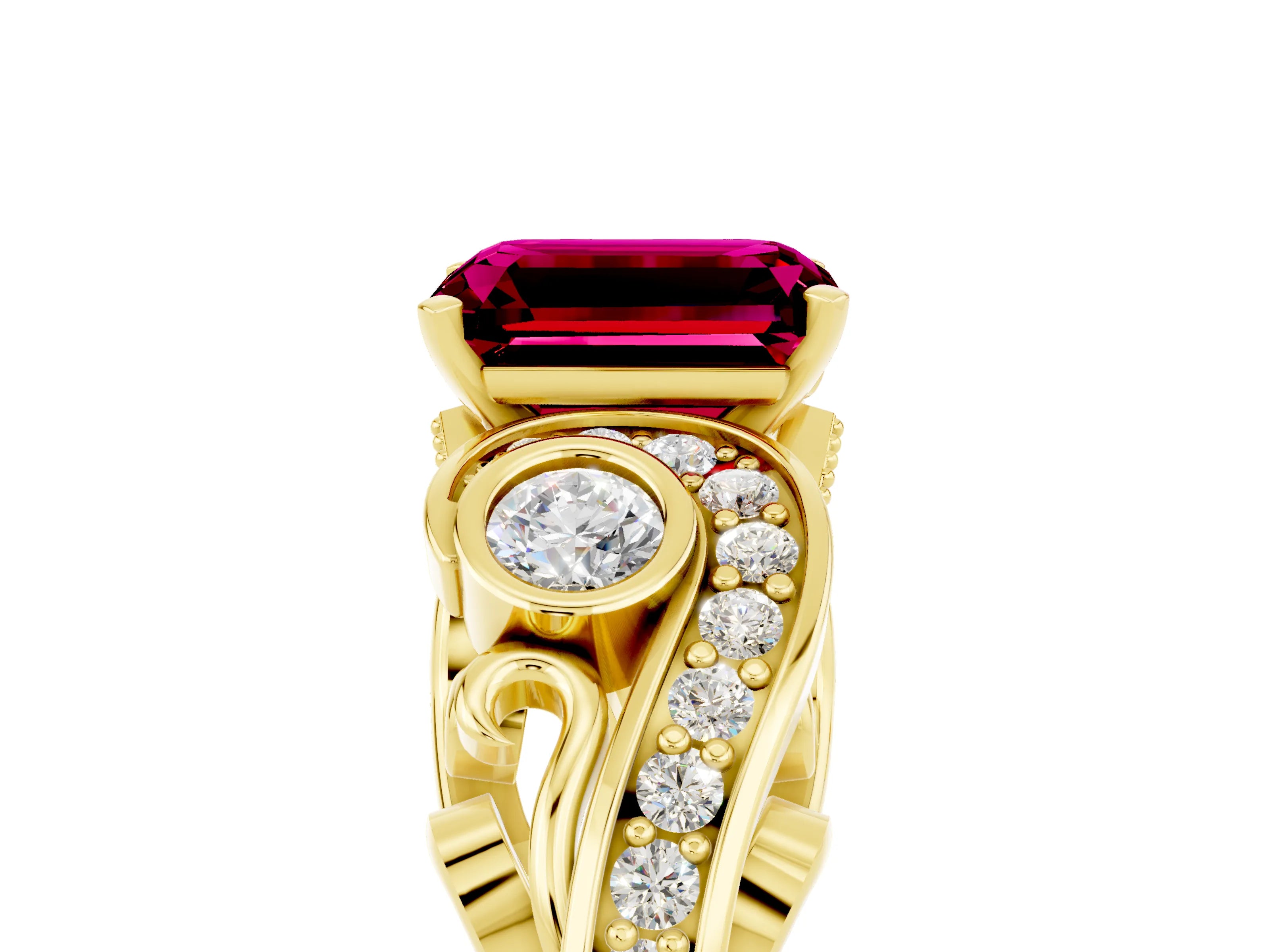 Yellow gold Emerald Cut Garnet Solitaire Ring with Milgrain Pavé Band and Four-Prong Setting_29