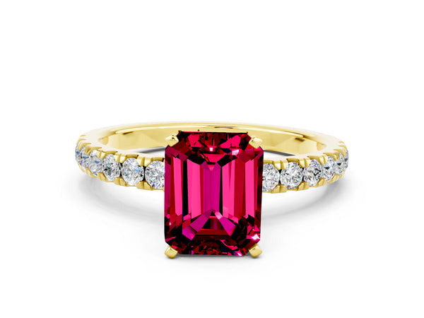 Yellow gold Emerald Cut Garnet Solitaire Ring with Pavé Accents and Four-Prong Setting