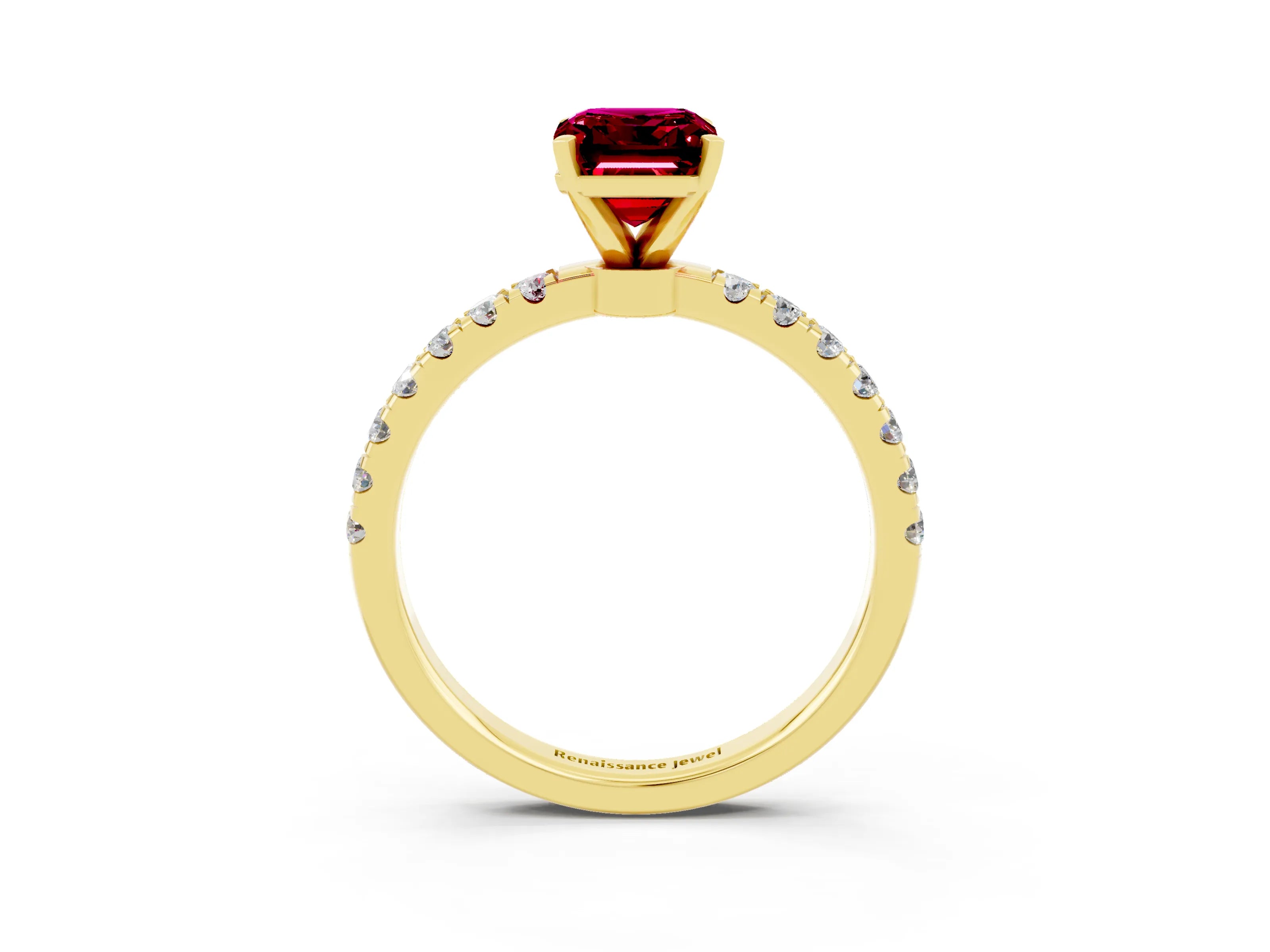 Yellow gold Emerald Cut Garnet Solitaire Ring with Pavé Accents and Four-Prong Setting_3