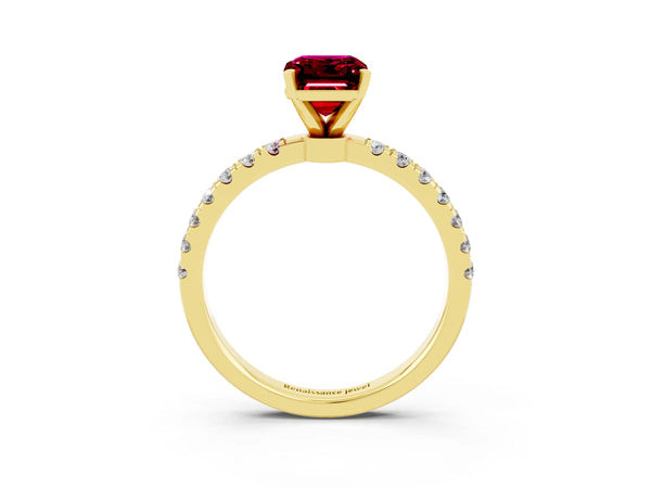Yellow gold Emerald Cut Garnet Solitaire Ring with Pavé Accents and Four-Prong Setting