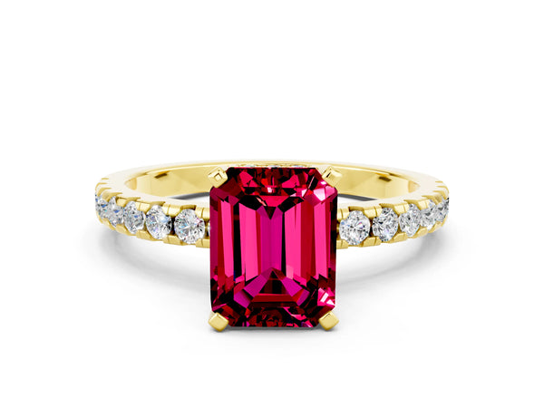 Yellow gold Emerald Cut Garnet Solitaire Ring with Round  Pavé Band and Four-Prong Setting