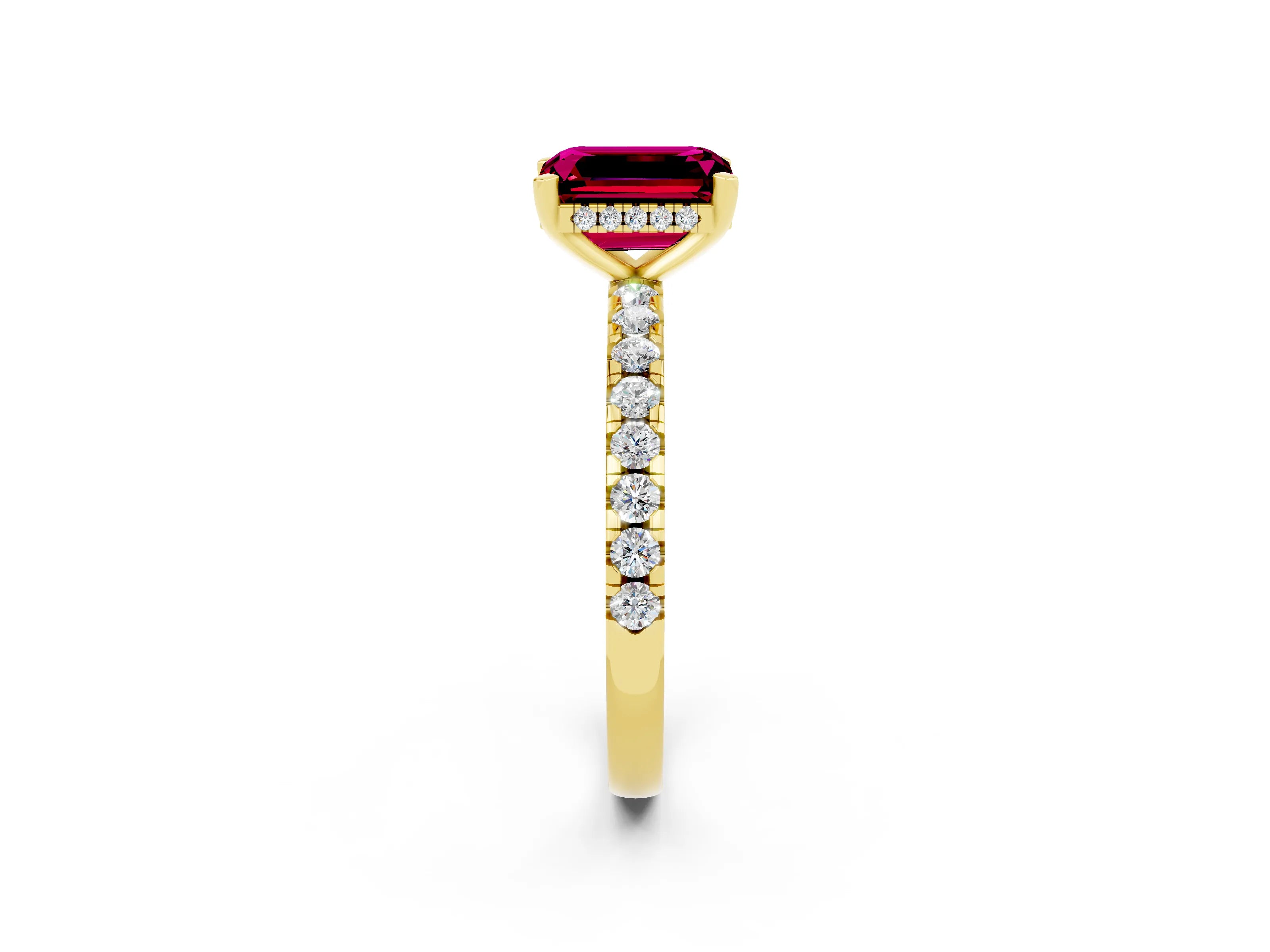 Yellow gold Emerald Cut Garnet Solitaire Ring with Pavé Band and Four-Prong Setting_26
